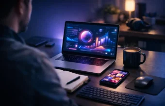 Laptop and phone in a digital creative workspace