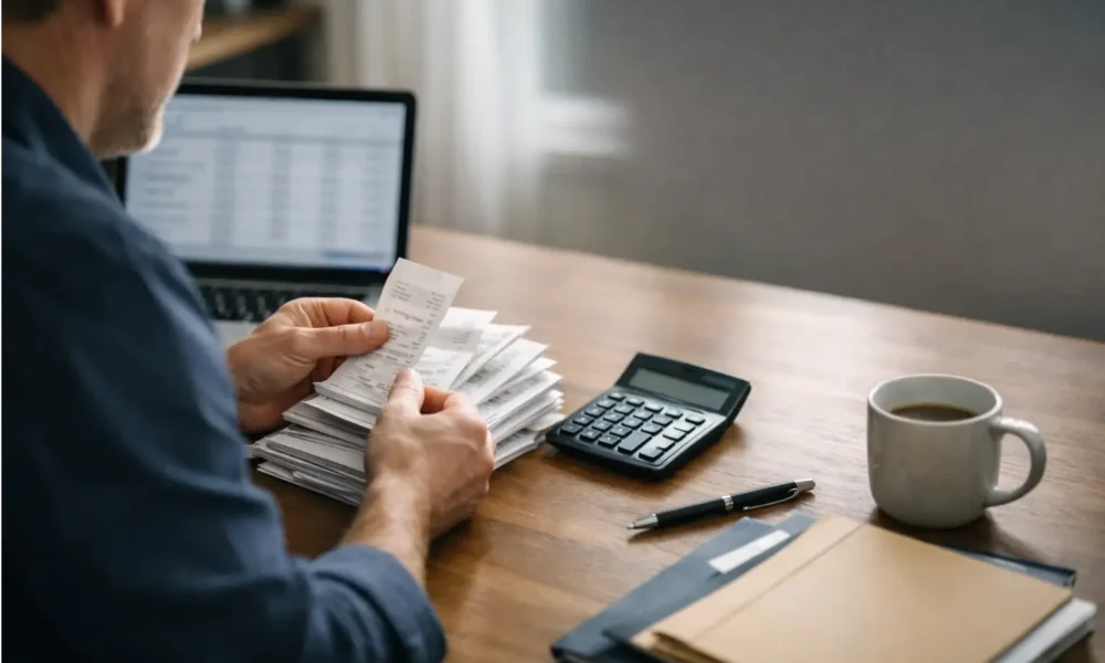 Business owner sorting paper receipts for UK tax records