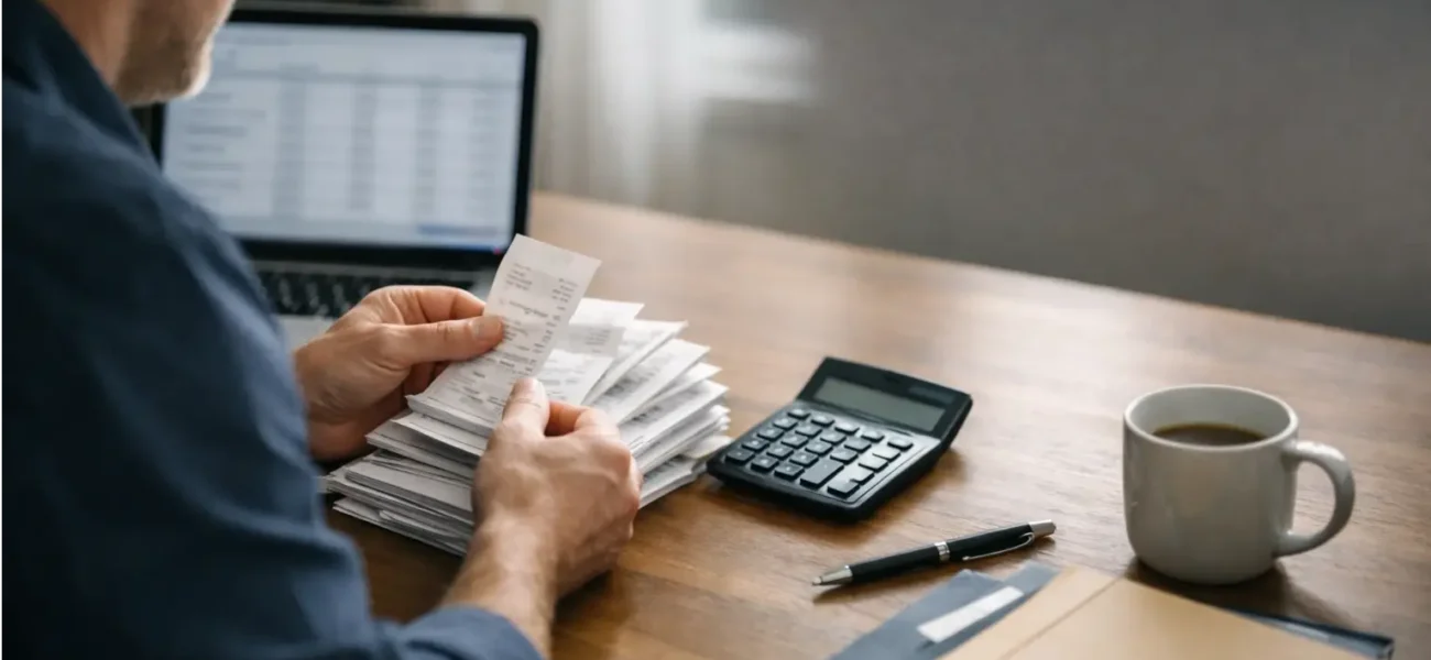 Business owner sorting paper receipts for UK tax records