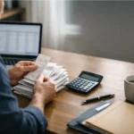Business owner sorting paper receipts for UK tax records