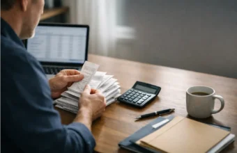 Business owner sorting paper receipts for UK tax records