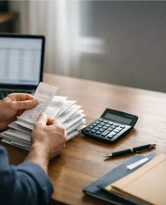 Business owner sorting paper receipts for UK tax records