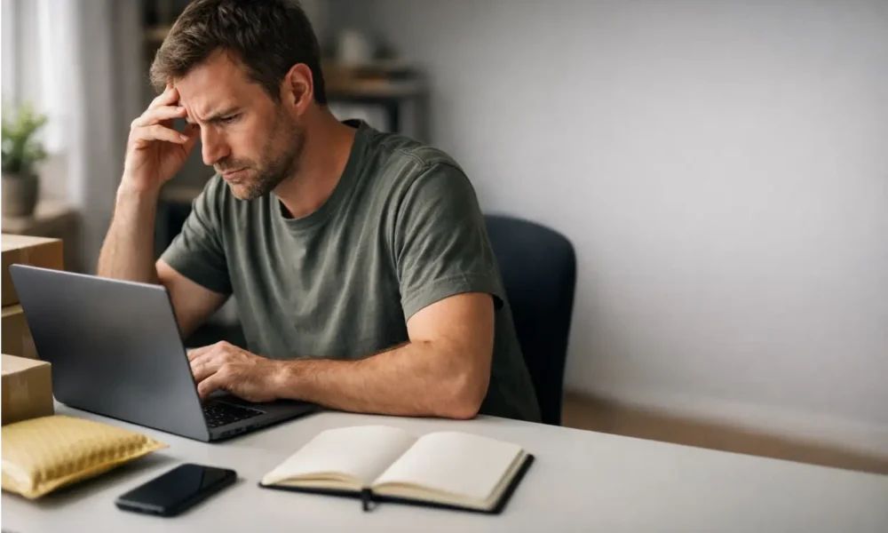 Seller checks a refund policy on a laptop next to shipping boxes.