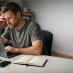 Seller checks a refund policy on a laptop next to shipping boxes.
