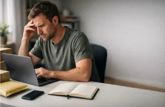 Seller checks a refund policy on a laptop next to shipping boxes.