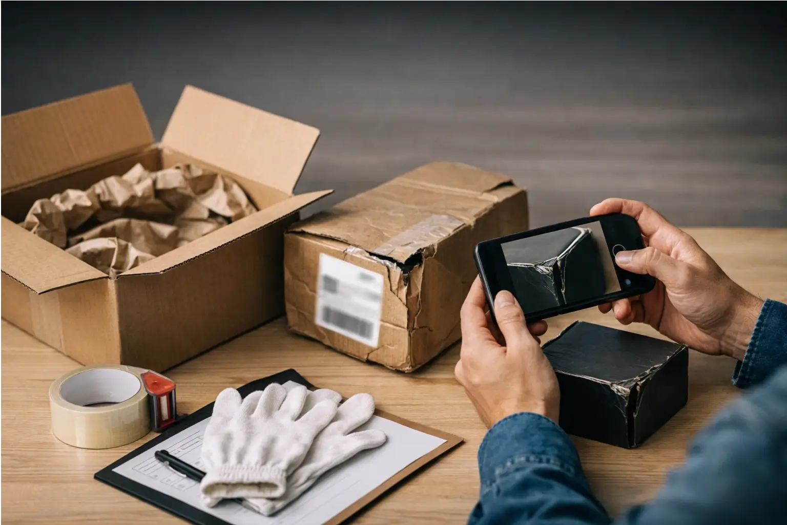 Person takes photos of a damaged parcel for a return request.