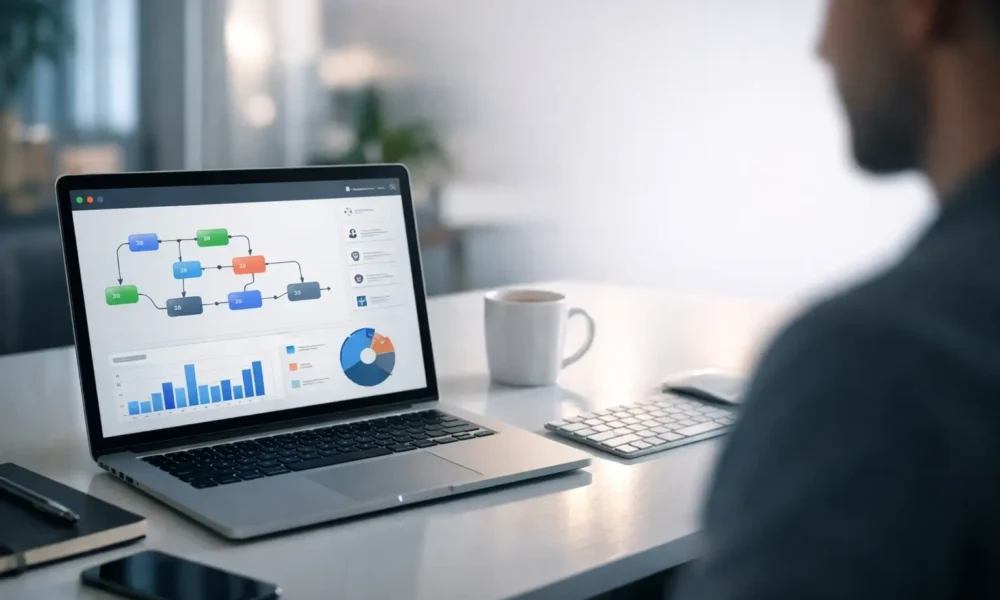 Laptop showing a digital automation workflow in a modern office