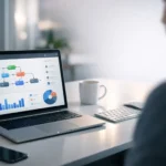 Laptop showing a digital automation workflow in a modern office