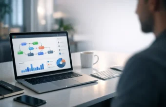 Laptop showing a digital automation workflow in a modern office