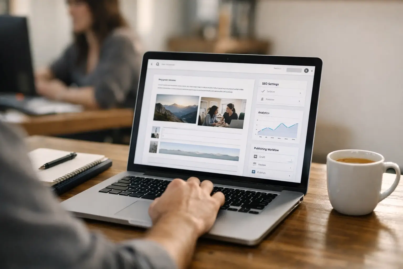 Laptop with blog editor and analytics in a modern office