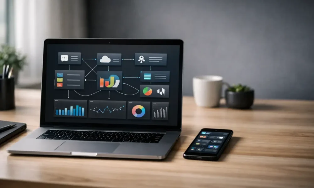 Laptop showing a rosboxar workflow dashboard on a clean desk