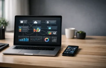 Laptop showing a rosboxar workflow dashboard on a clean desk