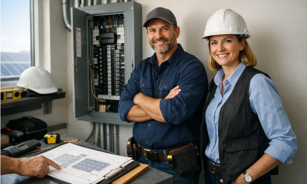 Electrician checking a new electrical panel for a solar project