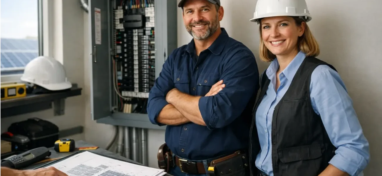 Electrician checking a new electrical panel for a solar project
