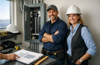 Electrician checking a new electrical panel for a solar project