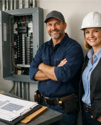 Electrician checking a new electrical panel for a solar project