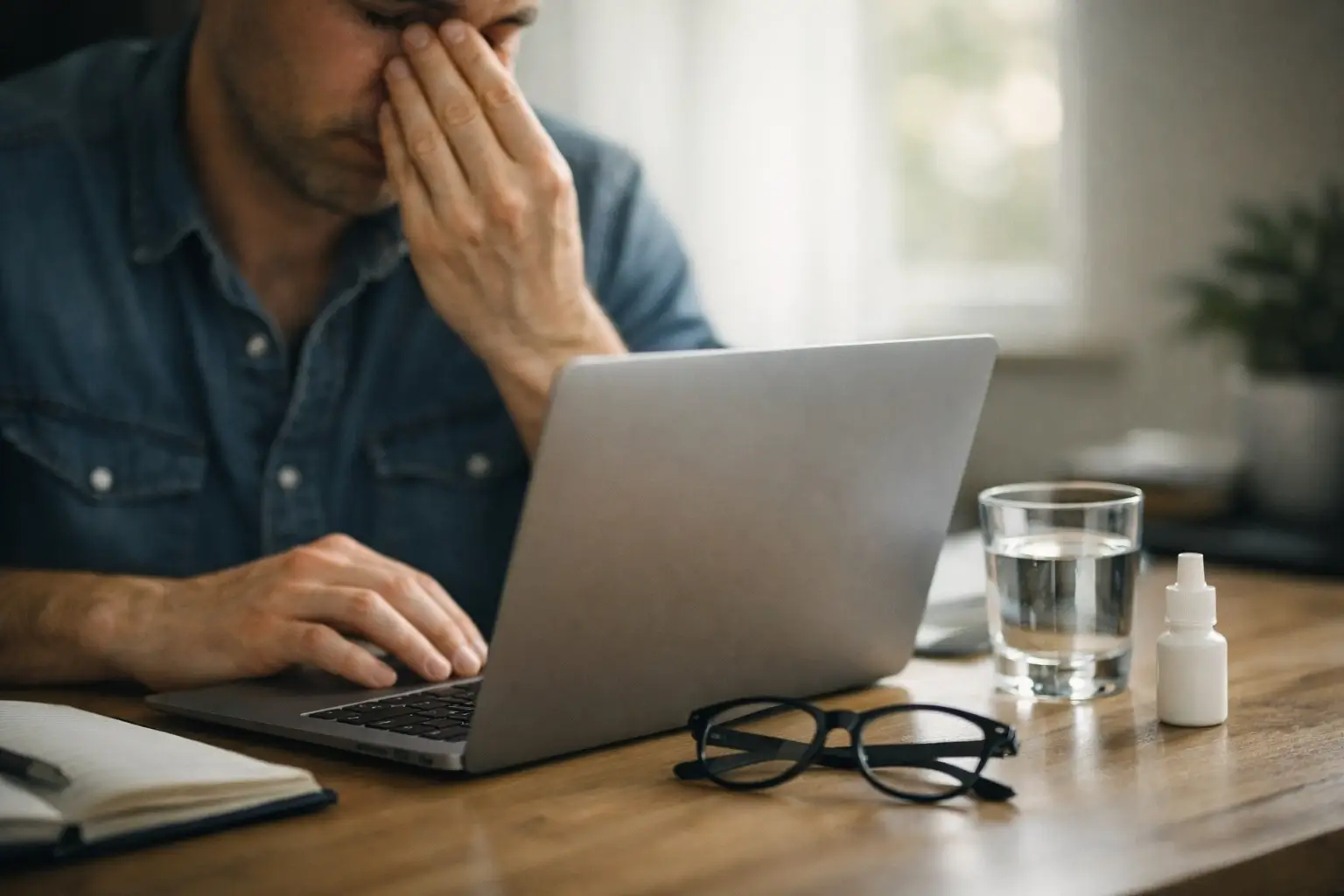 Tired eyes after long screen time at a desk