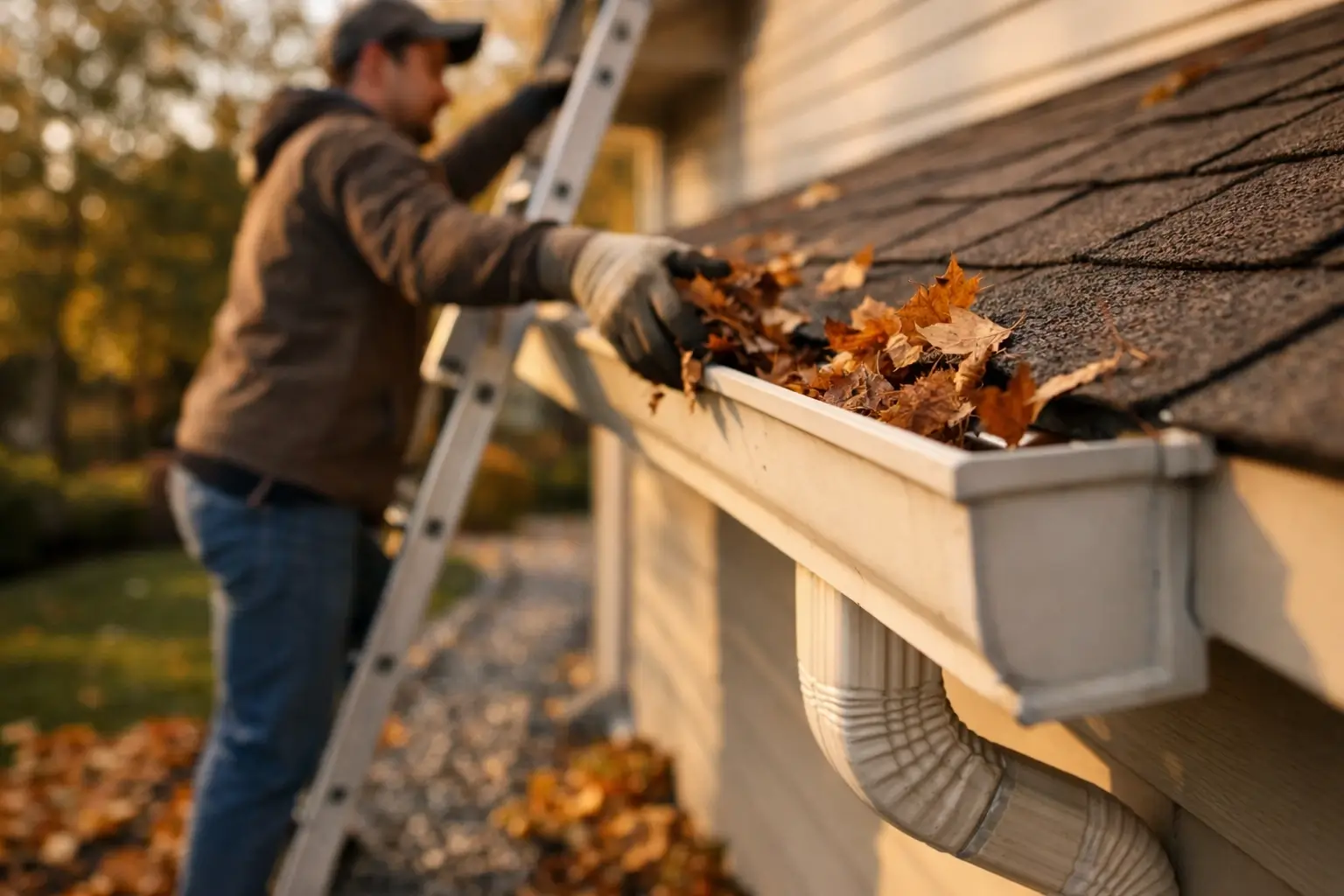 Cleaning gutters to help stop roof leaks