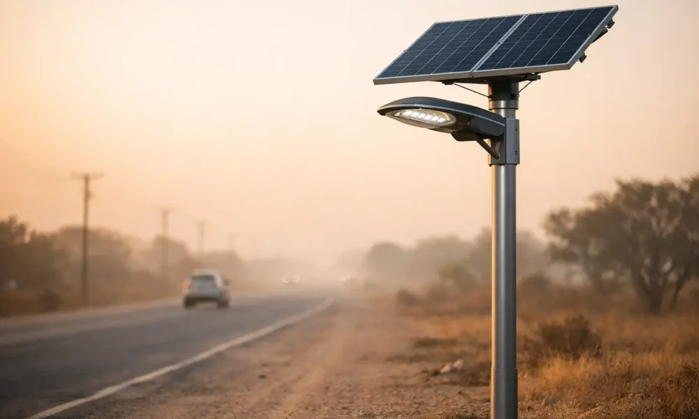 Self-cleaning street lamp on a dusty road