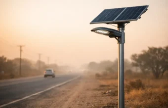 Self-cleaning street lamp on a dusty road
