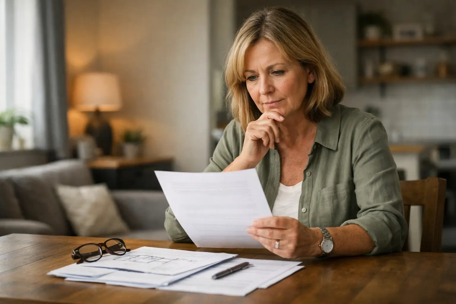 Seller reviewing a home offer at a table