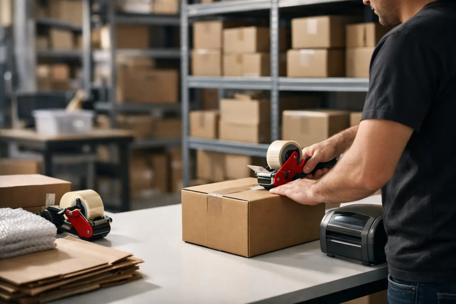 Warehouse worker packing orders for servantful fulfillment services