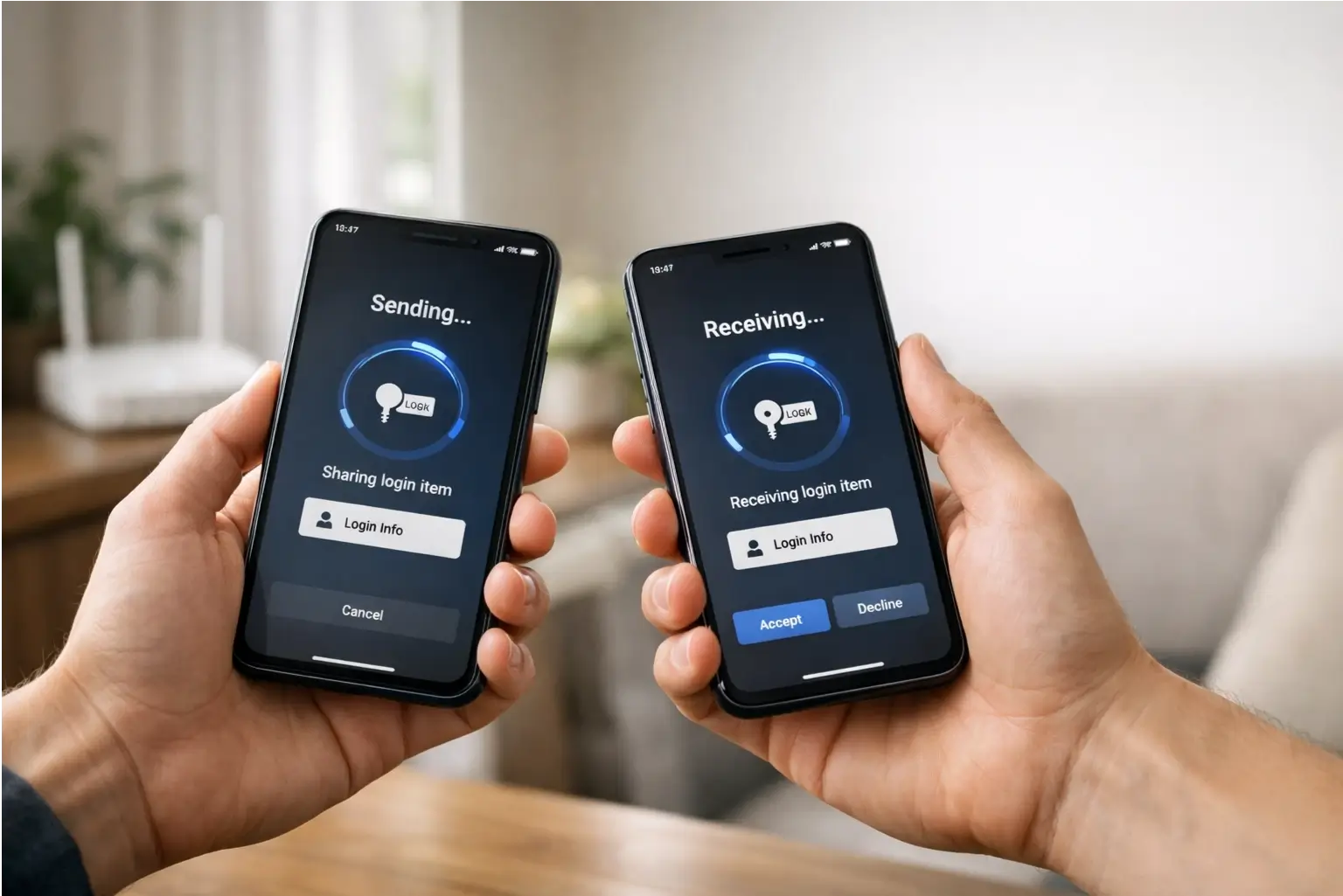Two phones sharing a login using a nearby share feature