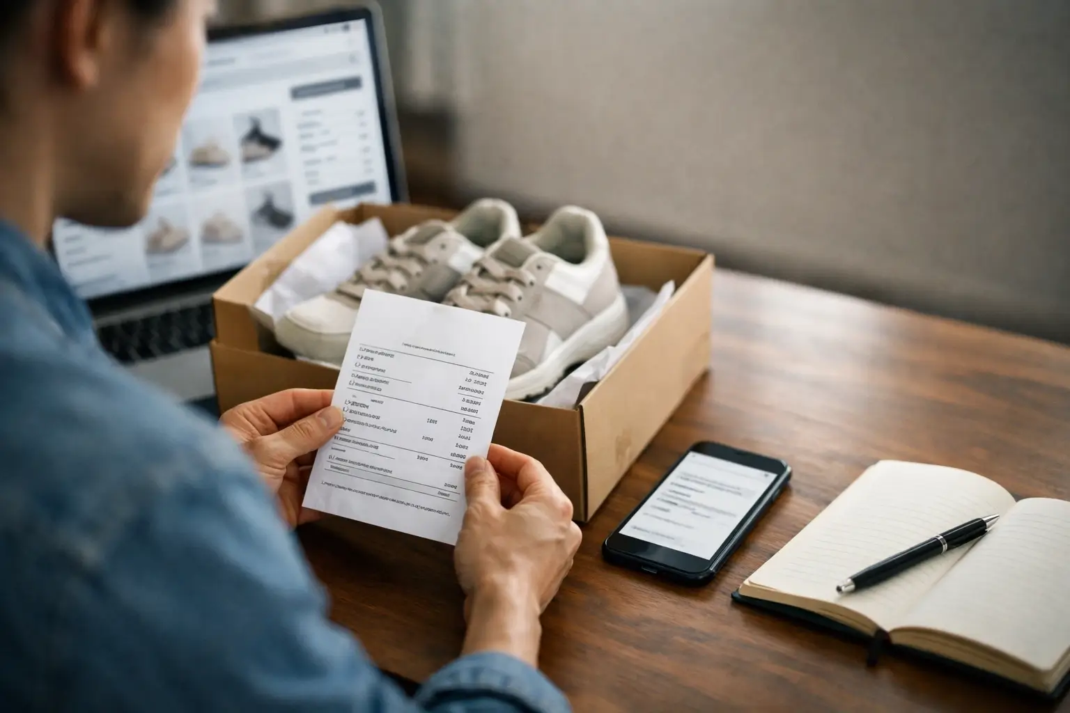 Buyer checking shoe order receipt and phone
