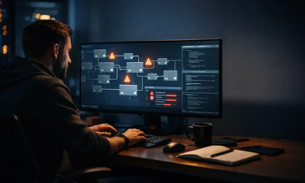 Data engineer looking at a failed ETL pipeline on a computer screen