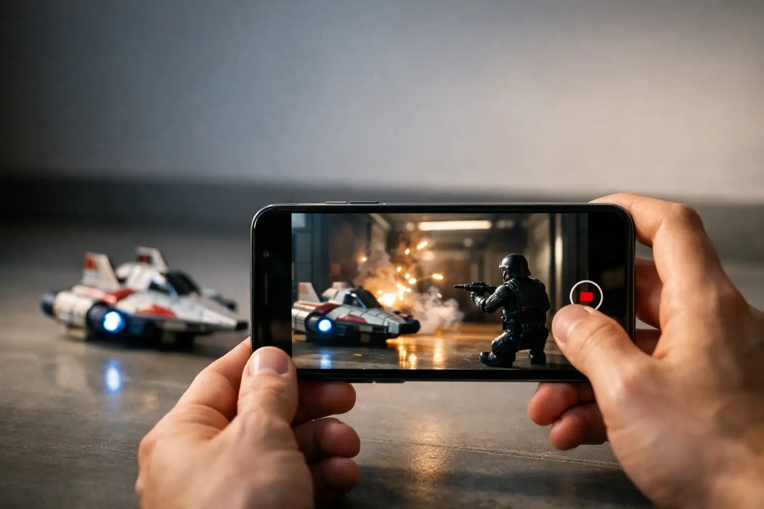 Phone screen recording a toy space battle in a hallway