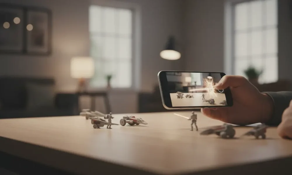 Smartphone filming a sci-fi toy battle scene on a table