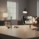 Smartphone filming a sci-fi toy battle scene on a table