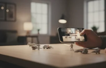 Smartphone filming a sci-fi toy battle scene on a table