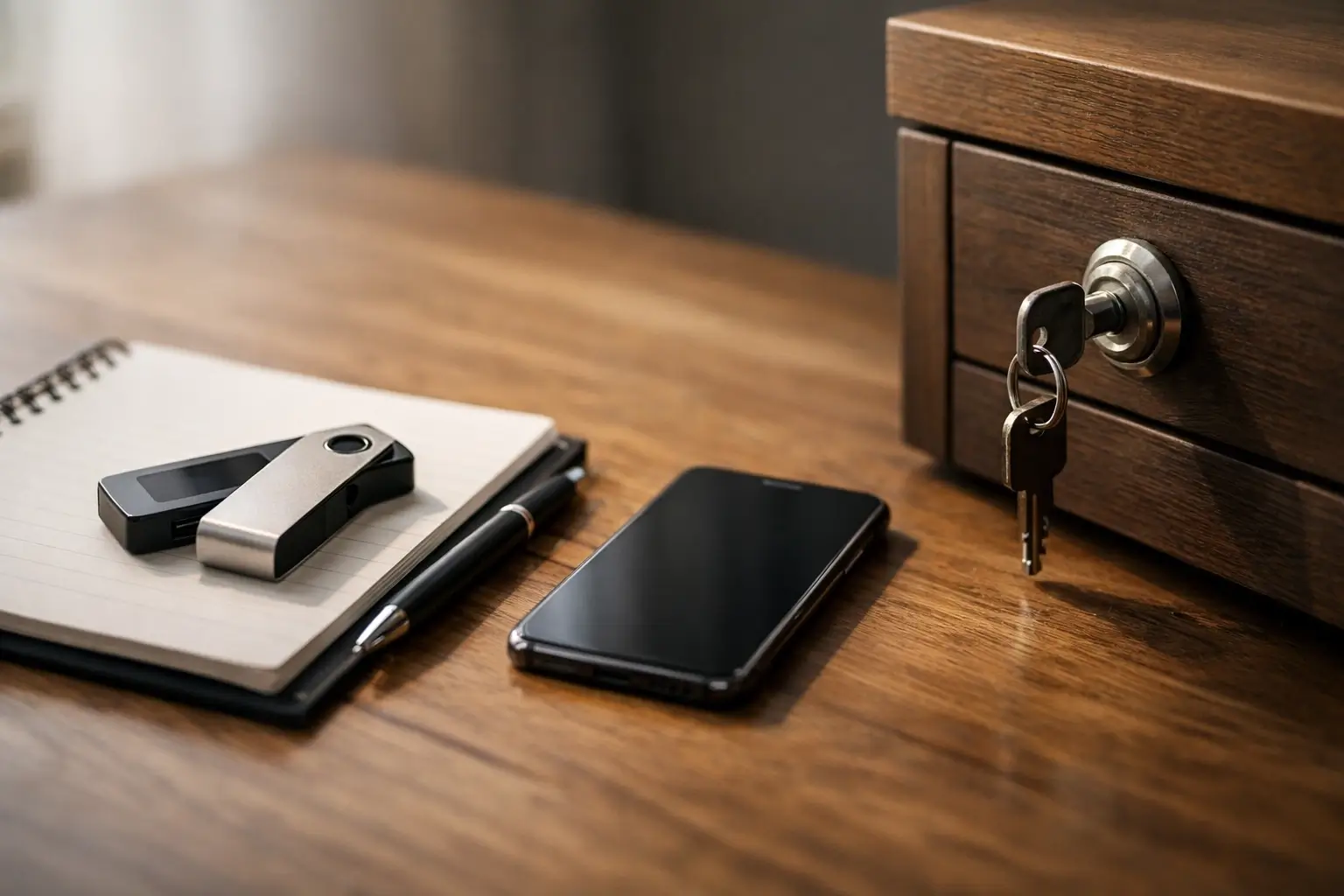 Hardware wallet and phone placed on a desk for safe token storage