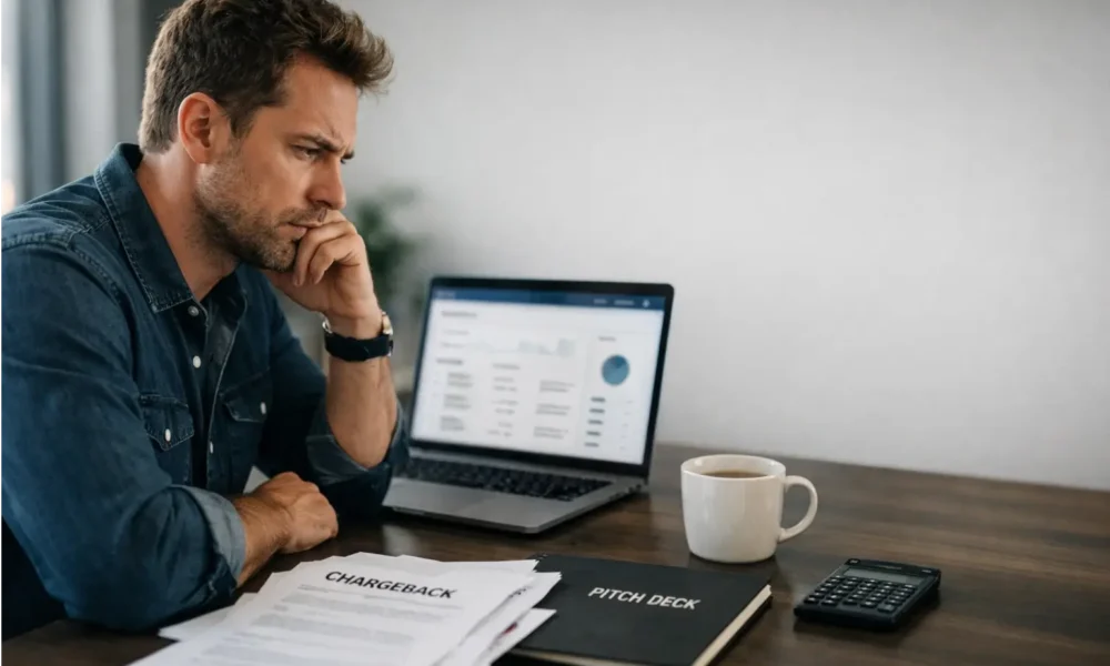 Small business owner reviewing chargeback risk on a laptop