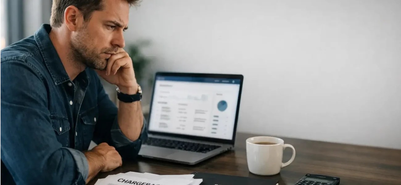 Small business owner reviewing chargeback risk on a laptop