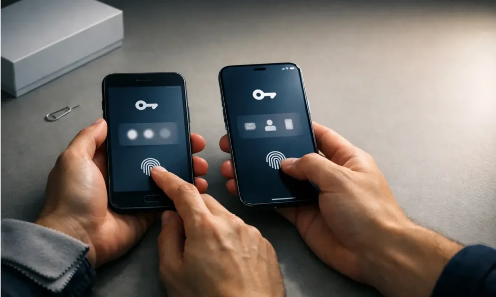 Hands setting up passkeys on a new phone next to an old phone