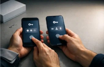 Hands setting up passkeys on a new phone next to an old phone