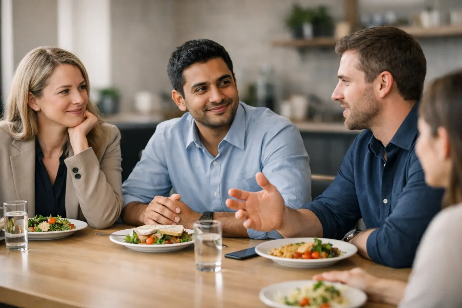 Small team talking over lunch in a quiet setting