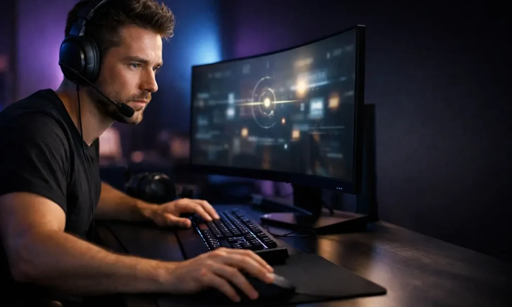 Gamer using eye-tracking technology in a modern gaming room