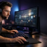 Gamer using eye-tracking technology in a modern gaming room