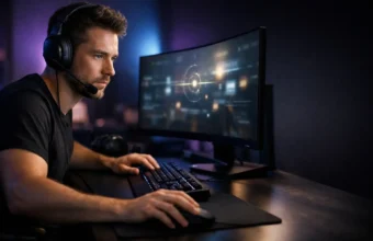 Gamer using eye-tracking technology in a modern gaming room
