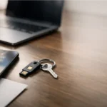 A phone, laptop, and security key on a desk