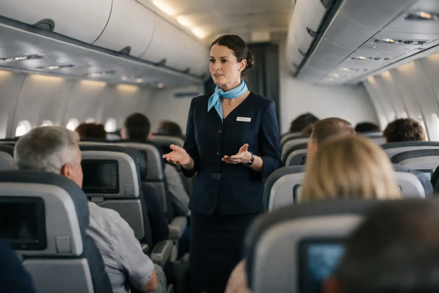 Passenger cabin with seat belts on during a diversion