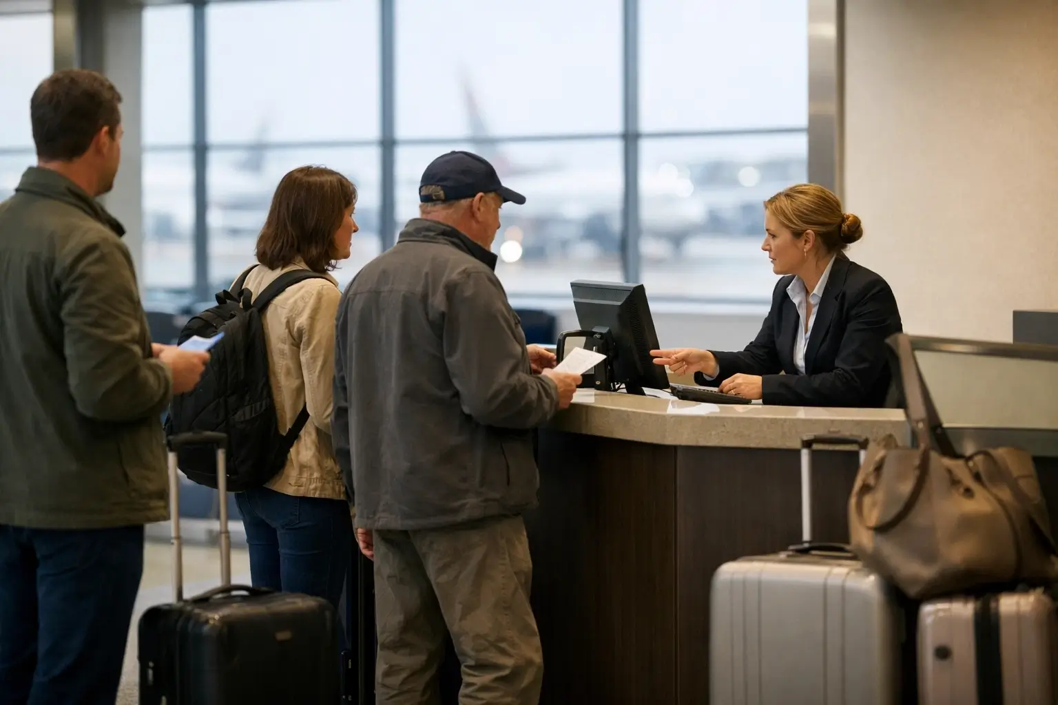 Passengers waiting with luggage at an airport service desk