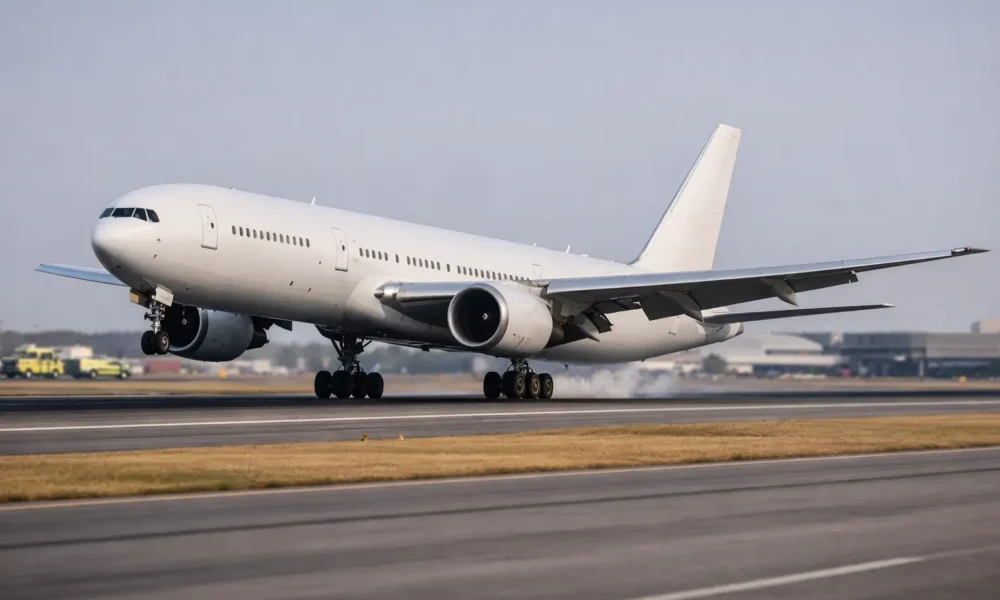 Commercial jet on a runway with emergency vehicles nearby