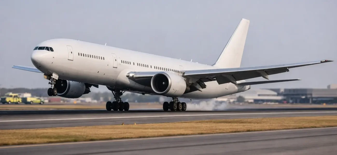 Commercial jet on a runway with emergency vehicles nearby