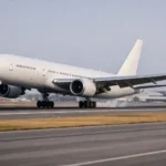 Commercial jet on a runway with emergency vehicles nearby