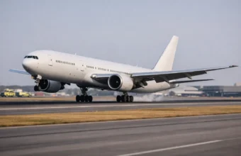 Commercial jet on a runway with emergency vehicles nearby