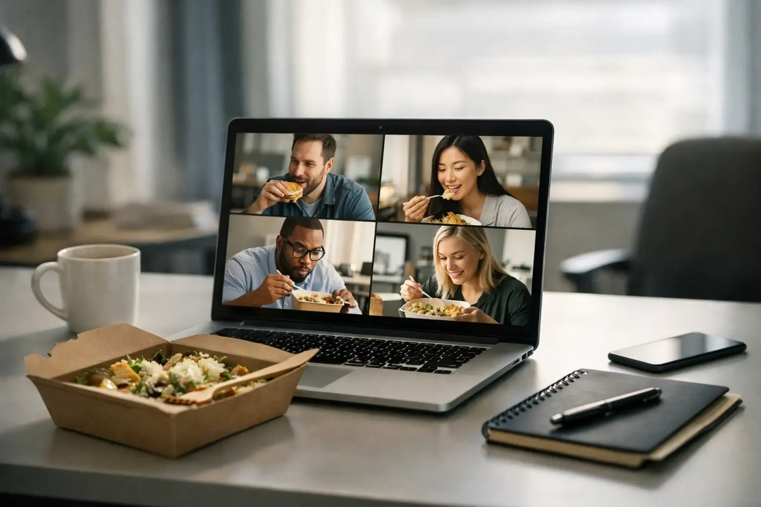 Hybrid team lunch with laptop and meal on desk